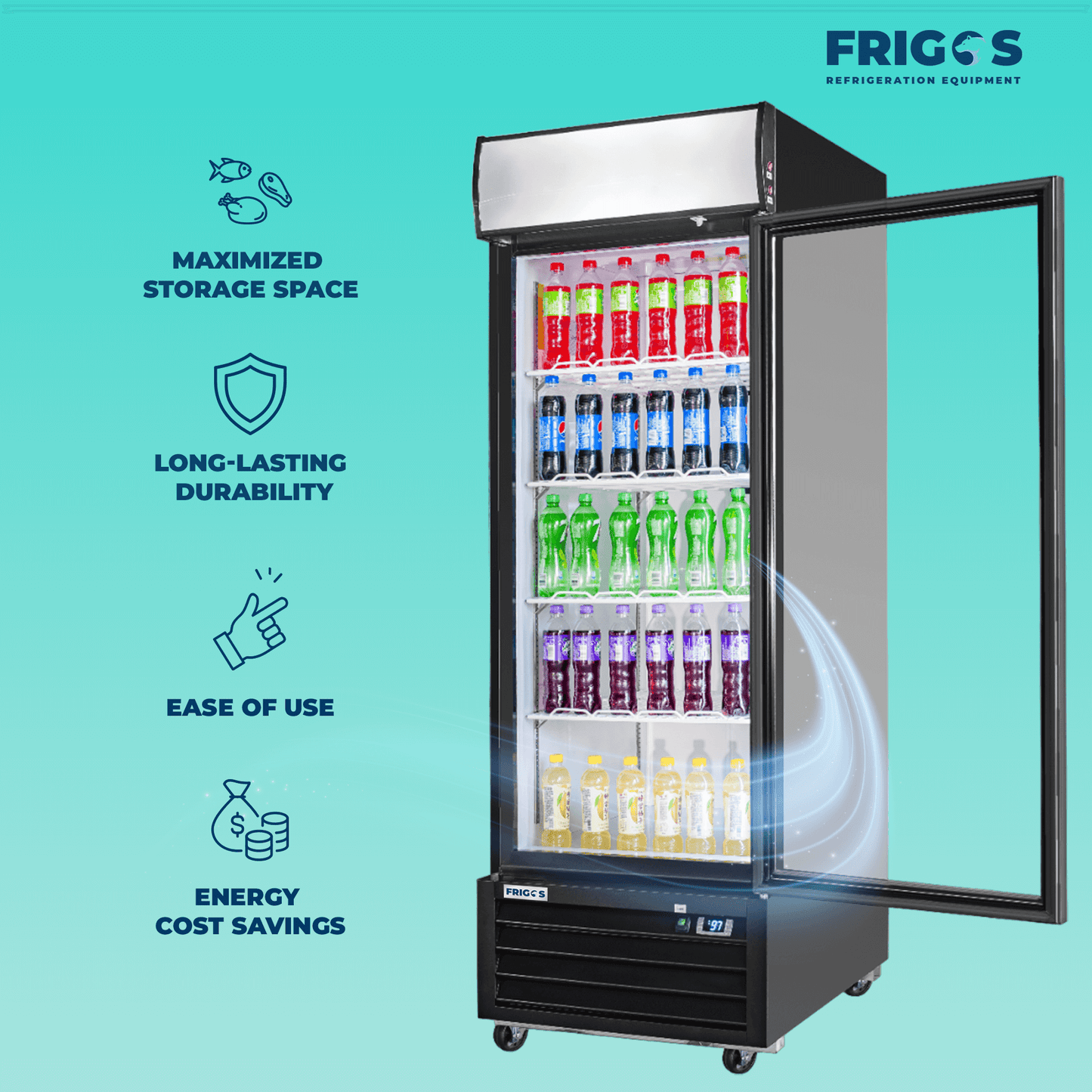 Frigos Merchandiser Refrigerator 27" Width Black Swing Glass 1 Door with LED Lighting with Aluminum Interior with 304 Stainless Steel Floor - FG-MR-1D-G