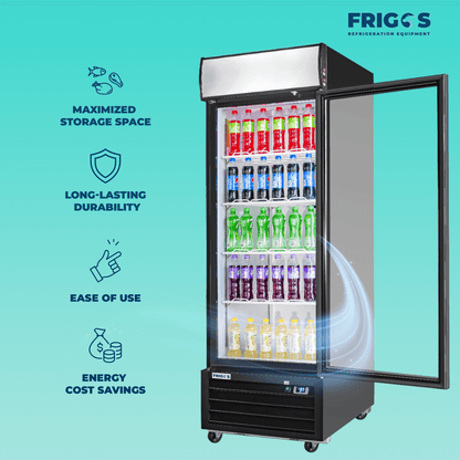 Frigos Merchandiser Refrigerator 27" Width Black Swing Glass 1 Door with LED Lighting with Aluminum Interior with 304 Stainless Steel Floor - FG-MR-1D-G