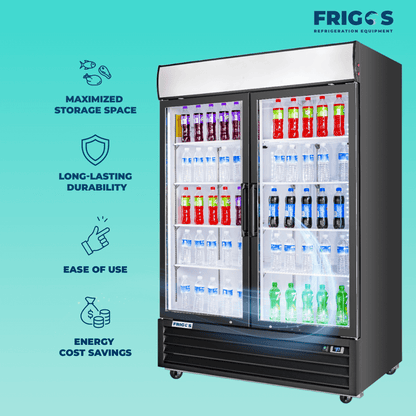 Frigos Merchandiser Refrigerator 54" Width Black Swing Glass 2 Door with LED Lighting with Aluminum Interior with 304 Stainless Steel Floor - FG-MR-2D-G