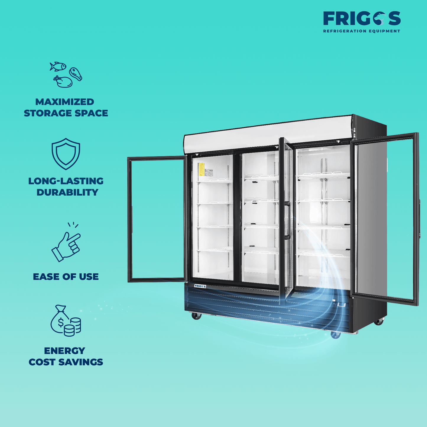 Frigos Commercial Merchandising Refrigerator 80" Width Black Swing Glass 3 Door with LED Lighting with Aluminum Interior with 304 Stainless Steel Floor - FG-MR-3D-G
