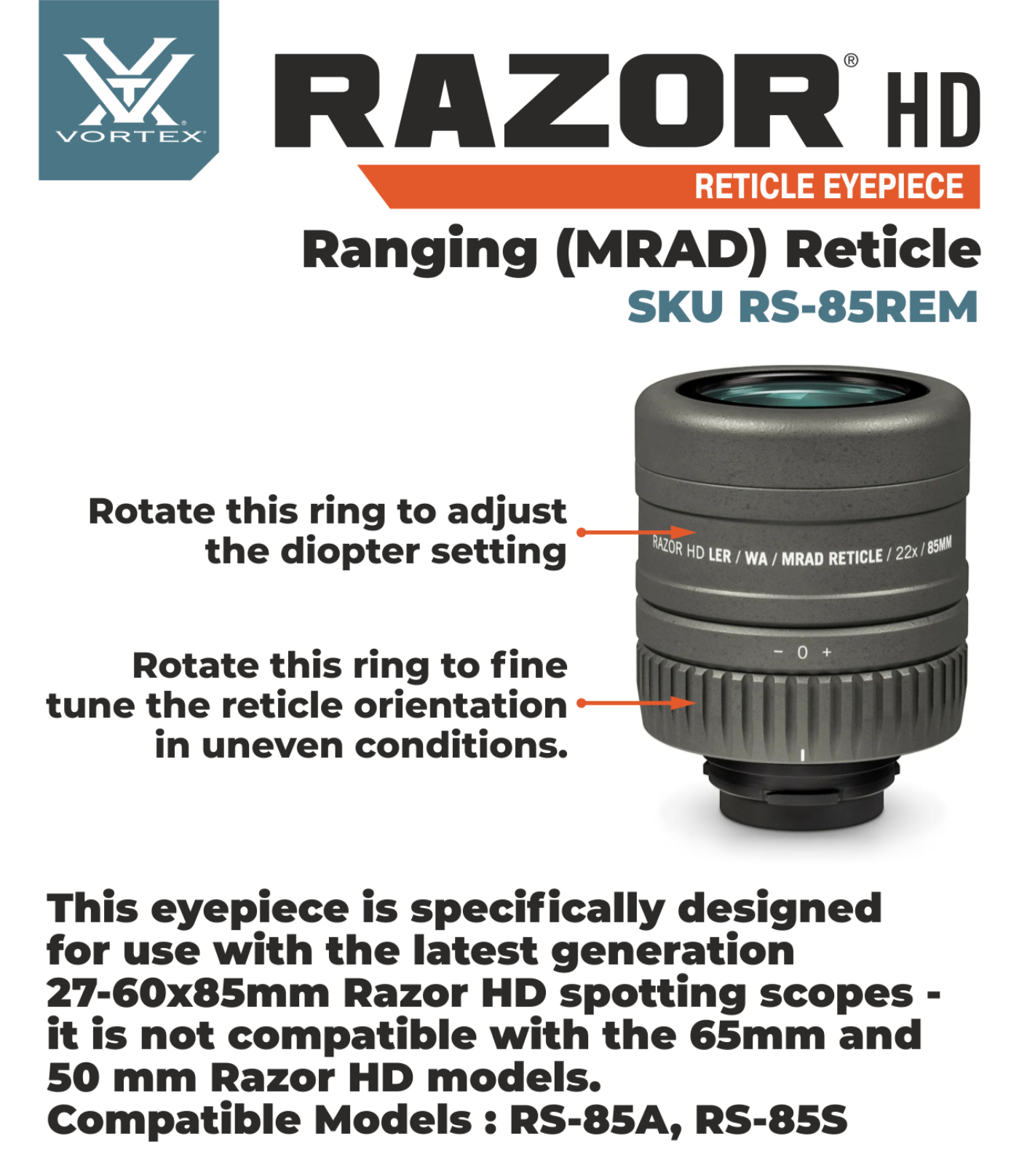 Vortex Optics Razor HD Reticle Eyepiece Ranging MRAD with Free Hat and Lens Cleaning Pen Bundle - RS-85REM_Hat-CD_LCP