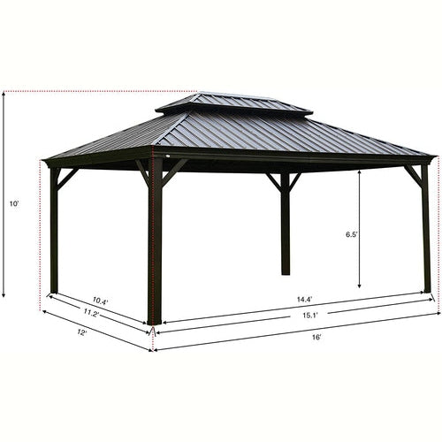 Kozyard Alexander 12' X 16' Hardtop Gazebo, Aluminum Metal Gazebo with Galvanized Steel Double Roof Canopy, Curtain and Netting, Permanent Gazebo Pavilion for Patio, Backyard, Deck, Lawn Brown - KZAHG1216