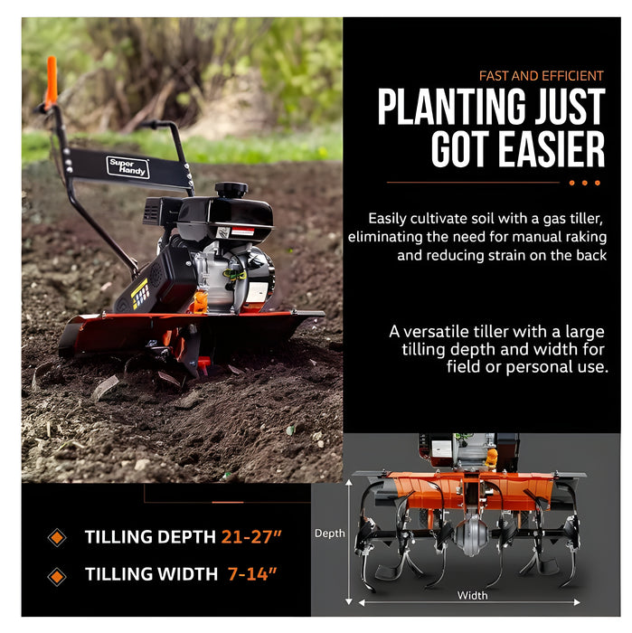 Super Handy GUO093 RotoTiller Cultivator 27” Width 7HP 209cc 4 Stroke Gas Motor 6 Steel Adjustable Tines New