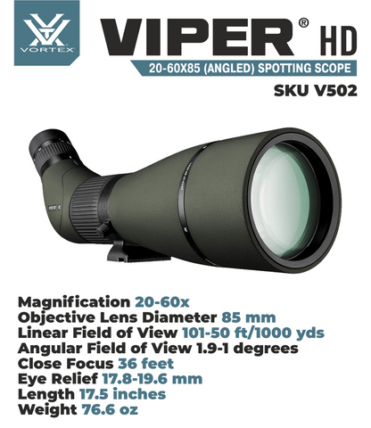 Vortex Optics Viper HD 20-60x85 Angled Spotting Scope V502 with Wearable4U Bundle - V502_Hat-CD_LCP