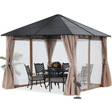 Mastercanopy 10x10 Outdoor Hardtop Gazebo Aluminum Frame Polycarbonate Top with Curtains and Netting - B0DHVKPJDR