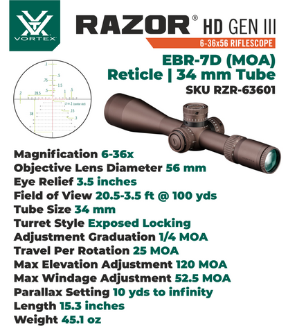 Vortex Optics Razor HD Gen III 6-36x56 FFP EBR-7D (MOA) Reticle 34 mm Tube Riflescope with with Wearable4U Bundle - RZR-63601_Hat-CD