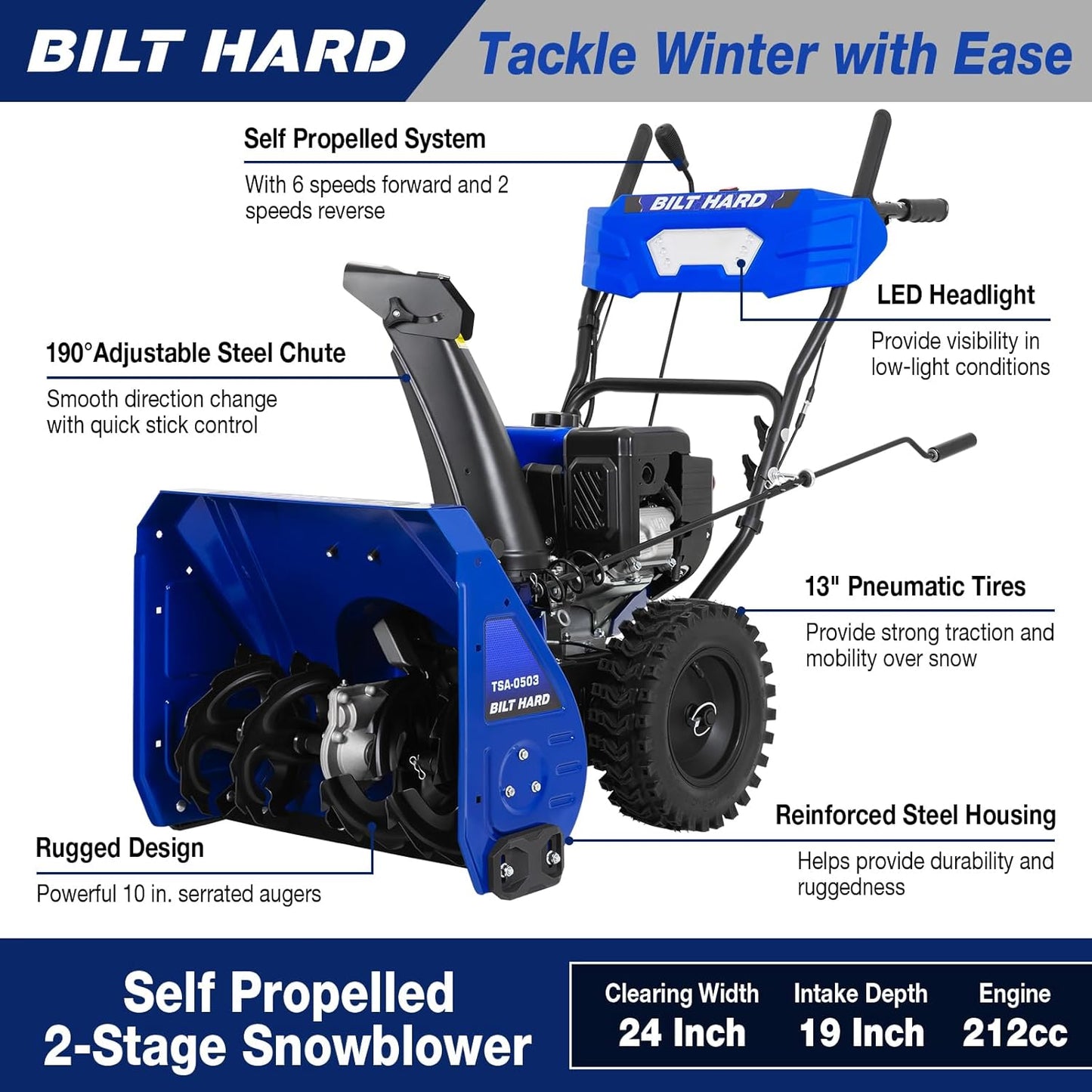 BILT HARD Snow Blower Gas Powered, 24 Inch 2-Stage Self-Propelled 212cc Engine with Electric Start, LED Headlight, 13" Snow Terrain Tires - TSA-0503