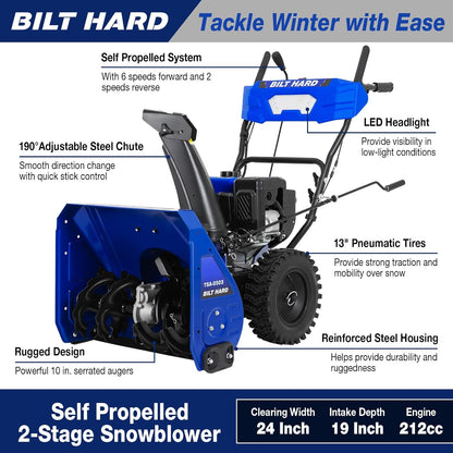 BILT HARD Snow Blower Gas Powered, 24 Inch 2-Stage Self-Propelled 212cc Engine with Electric Start, LED Headlight, 13" Snow Terrain Tires - TSA-0503