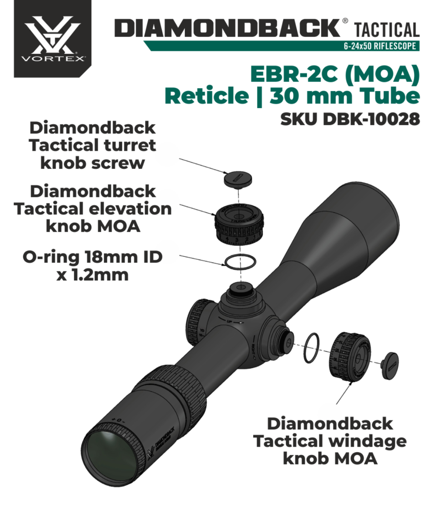 Vortex Optics Diamondback Tactical 6-24x50 EBR-2C (MOA) 30mm Tube Riflescope ( DBK-10028) with 30mm High Rings (1.18in) Set and Free Black Camo Hat Bundle - DBK-10028_TRH-2Pk_121-53-BCA