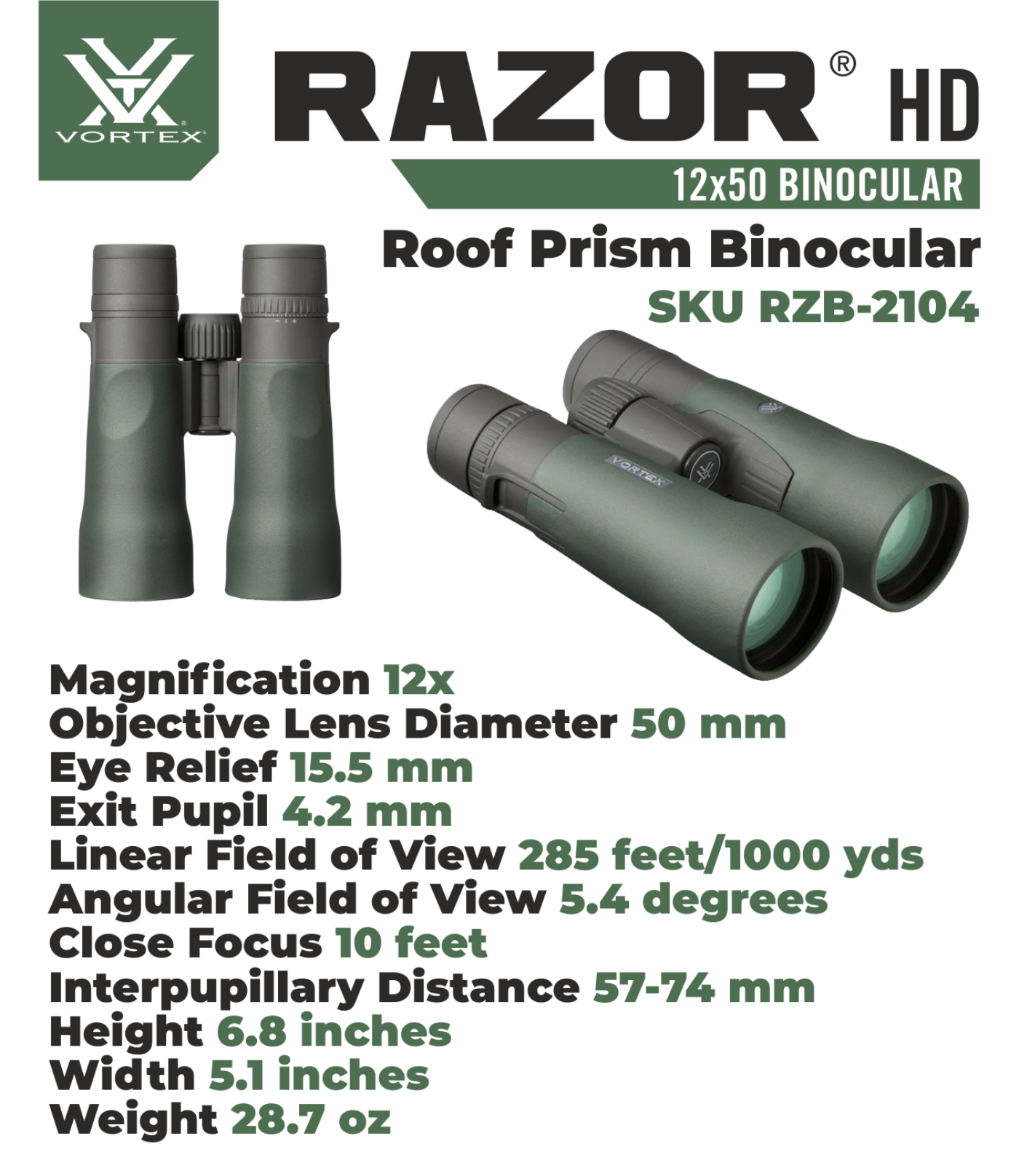 Vortex Optics Razor HD 12x50 Roof Prism Binocular RZB-2104 with Free Hat and Wearable4U Bundle - RZB-2104_Hat-CD_LCP