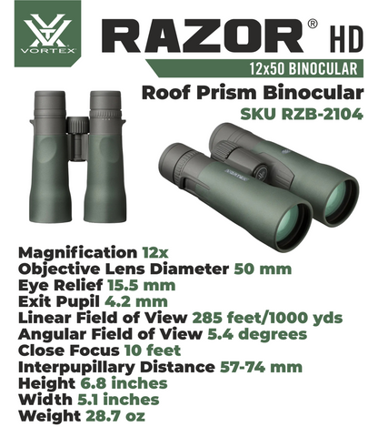 Vortex Optics Razor HD 12x50 Roof Prism Binocular RZB-2104 with Free Hat and Wearable4U Bundle - RZB-2104_Hat-CD_LCP
