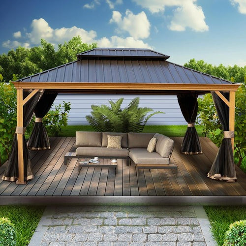 Kozyard Apollo Wood Look 12ft x 16ft Aluminum Hardtop Gazebo with Galvanized Steel Double Roof and Mosquito Net, Outdoor Permanent Metal Pavilion with Netting for Patio, Deck and Lawn - KZPHG1216