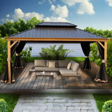 Kozyard Apollo Wood Look 12ft x 16ft Aluminum Hardtop Gazebo with Galvanized Steel Double Roof and Mosquito Net, Outdoor Permanent Metal Pavilion with Netting for Patio, Deck and Lawn - KZPHG1216