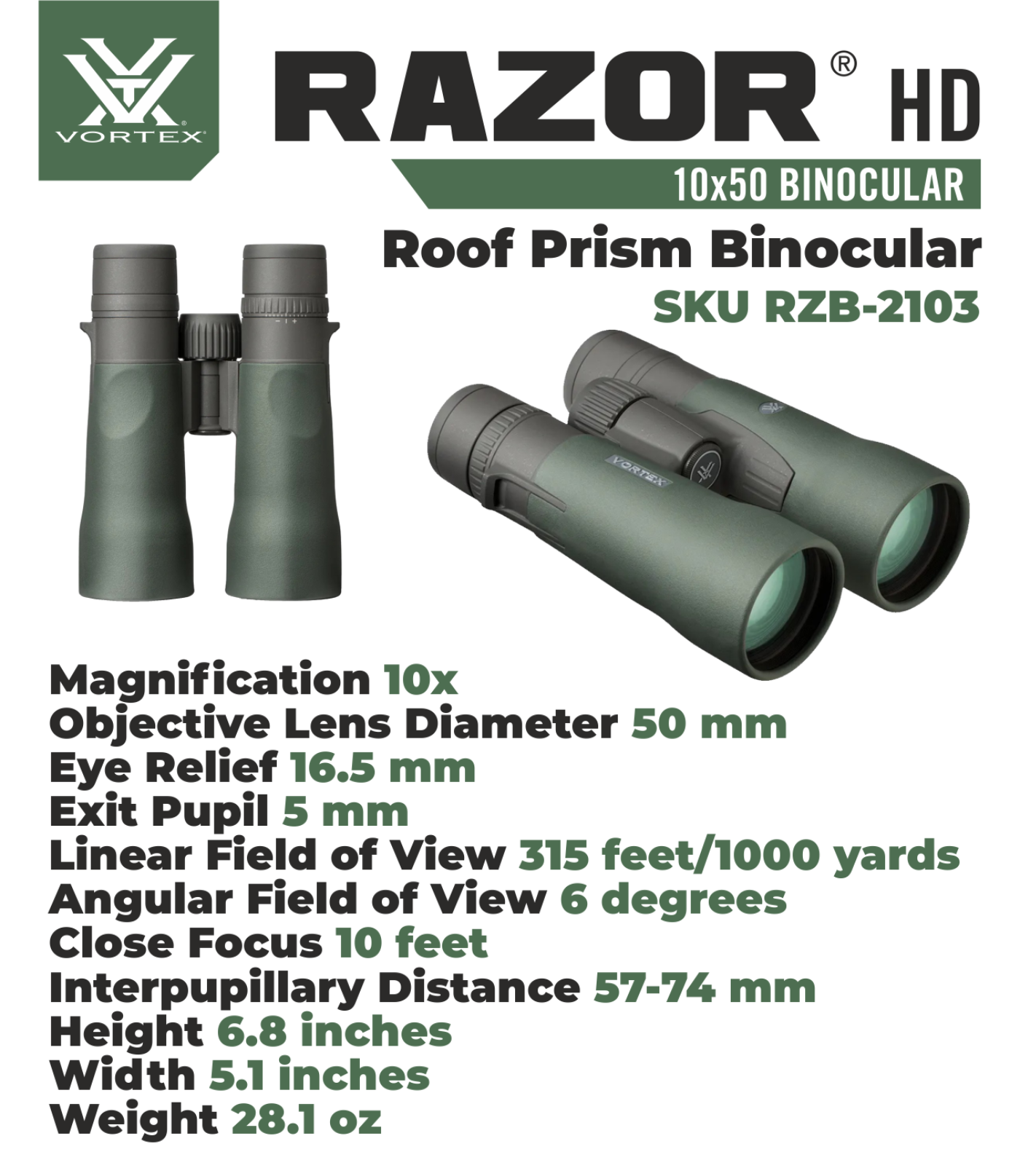 Vortex Optics Razor HD 10x50 Roof Prism Binocular RZB-2103 with Free Hat and Wearable4U Bundle - RZB-2103_Hat-CD_LCP