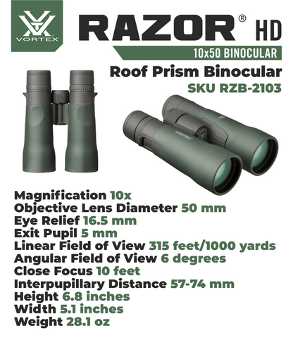 Vortex Optics Razor HD 10x50 Roof Prism Binocular RZB-2103 with Free Hat and Wearable4U Bundle - RZB-2103_Hat-CD_LCP