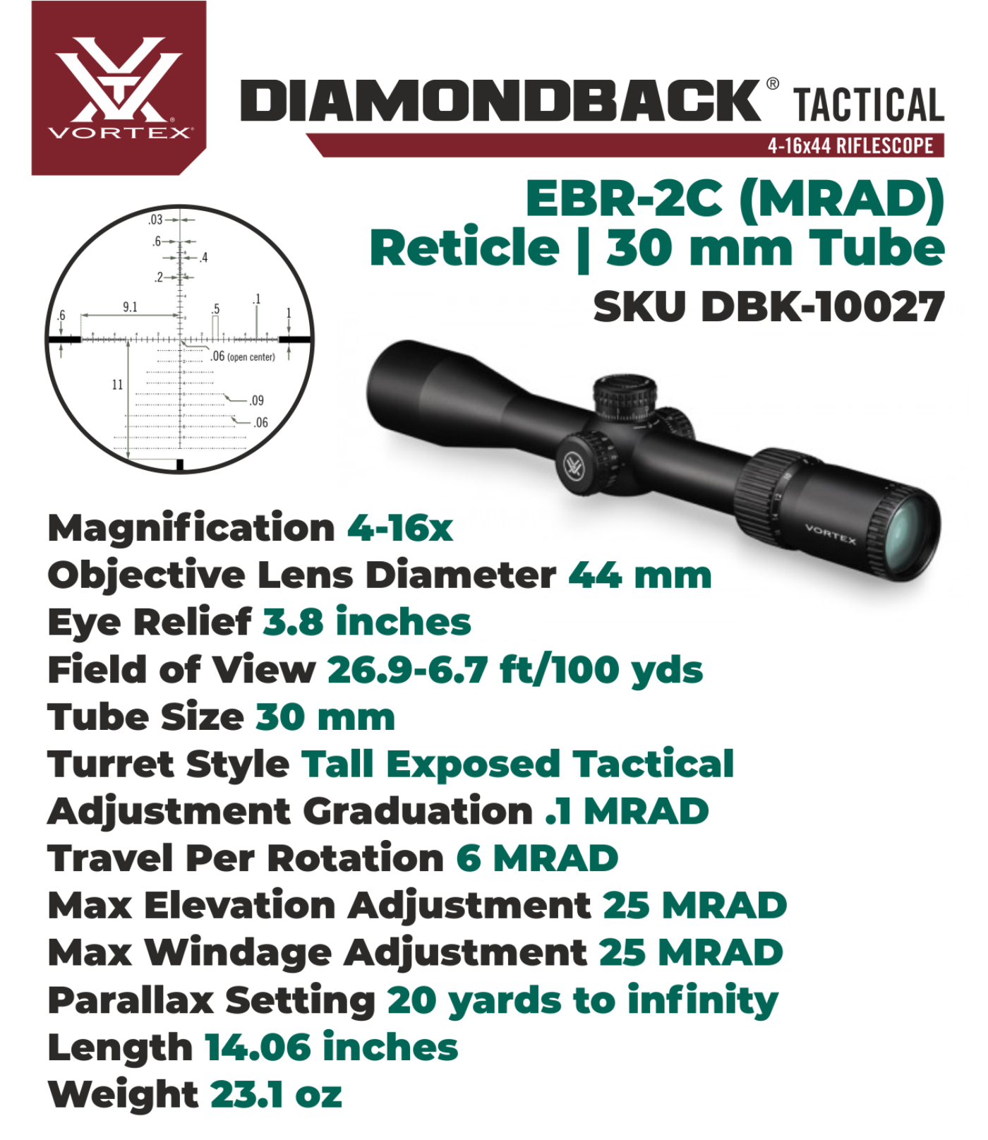 Vortex Optics Diamondback 4-16x44 FFP Riflescope EBR-2C (MRAD) Reticle, 30mm Tube with Wearable4U Bundle - DBK-10027_121-53-BCA