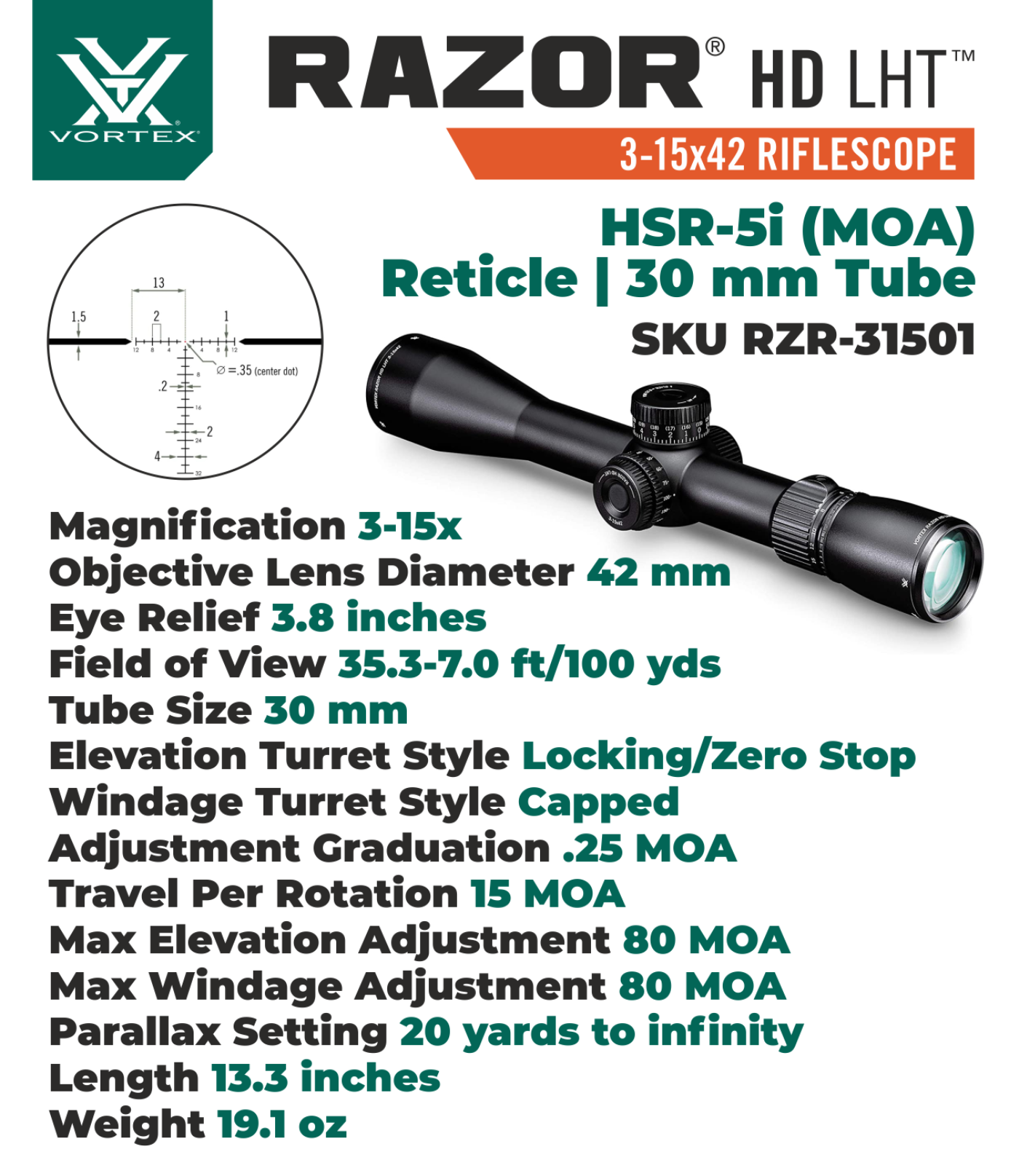 Vortex Optics Razor HD LHT 3-15x42 SFP HSR-5i (MOA) Reticle 30 mm Tube Riflescope with Mount and Hat Bundle - RZR-31501_Hat-CD
