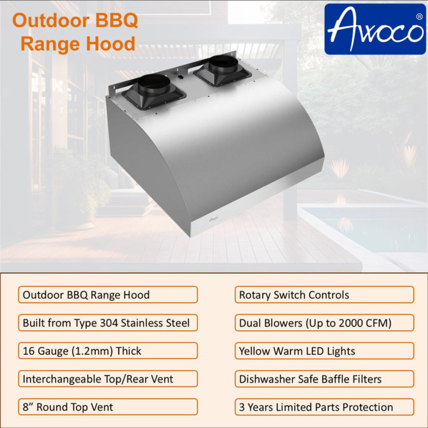 Awoco 42” Outdoor BBQ Vent Hood 17” High Type 304 Stainless Steel, 4 Speeds 2000 CFM, Dual Blowers, Adjustable LED Lights, 8” Round Top Vent - AWC-RH-WM-BBQ42