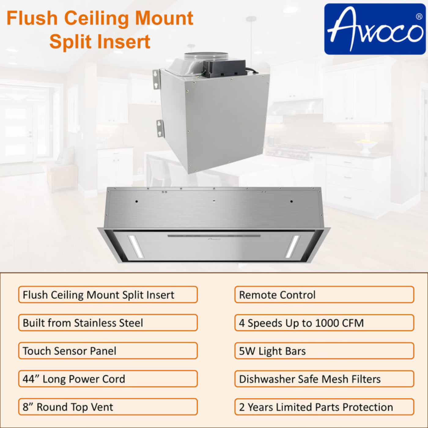 Awoco RH-IT08-CR Flush Ceiling Mount Split Insert Range Hood, Stainless Steel 4 Speeds 1000 CFM, 8” Round Vent LED Lights Remote Control - RH-IT08-CR30