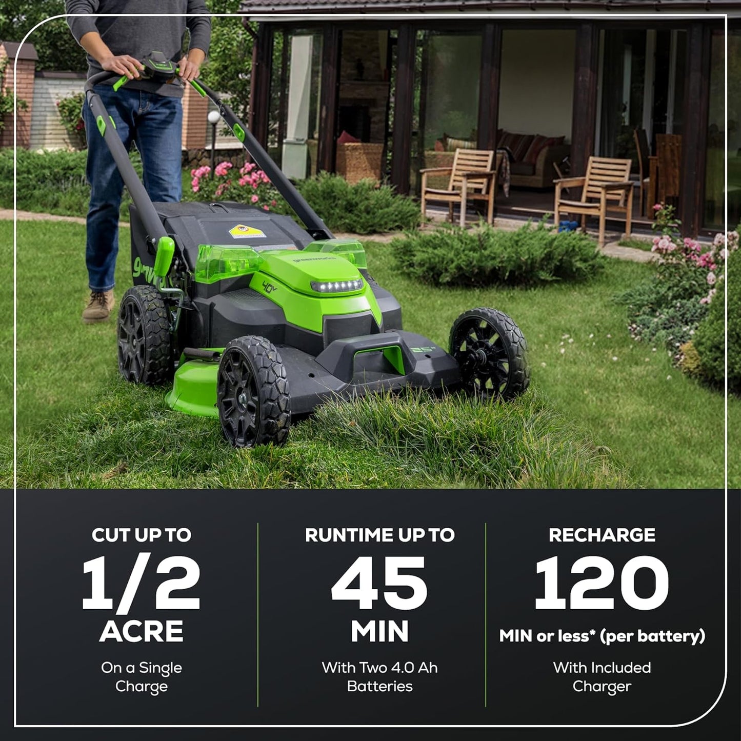 Greenworks 40V 25" Cordless Battery Brushless Dual Blade Self-Propelled Lawn Mower w/ (2) 4.0Ah Batteries & Dual Port Charger - 2543802