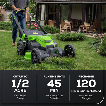 Greenworks 40V 25" Cordless Battery Brushless Dual Blade Self-Propelled Lawn Mower w/ (2) 4.0Ah Batteries & Dual Port Charger - 2543802