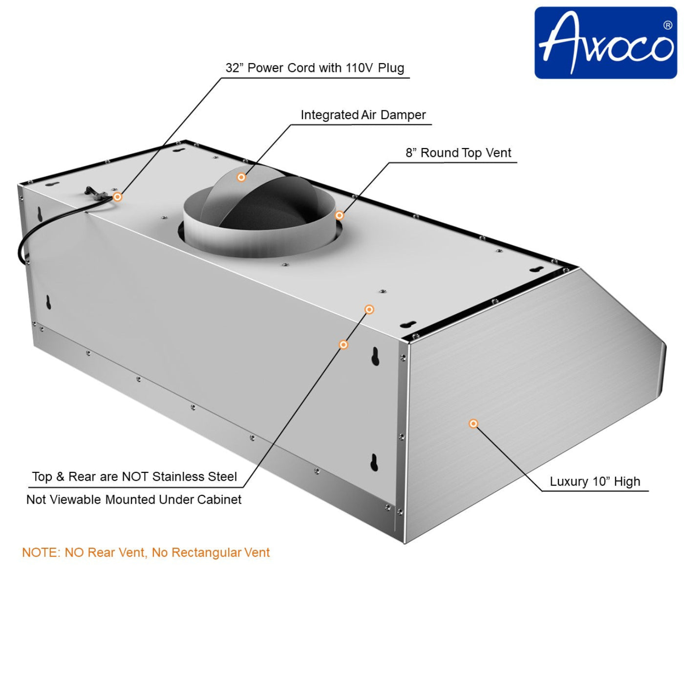 Awoco RH-S10 Under Cabinet Supreme 10” High Stainless Steel Range Hood, 4 Speeds, 8” Round Top Vent, 1000CFM, with Remote Control - RH-S10-30