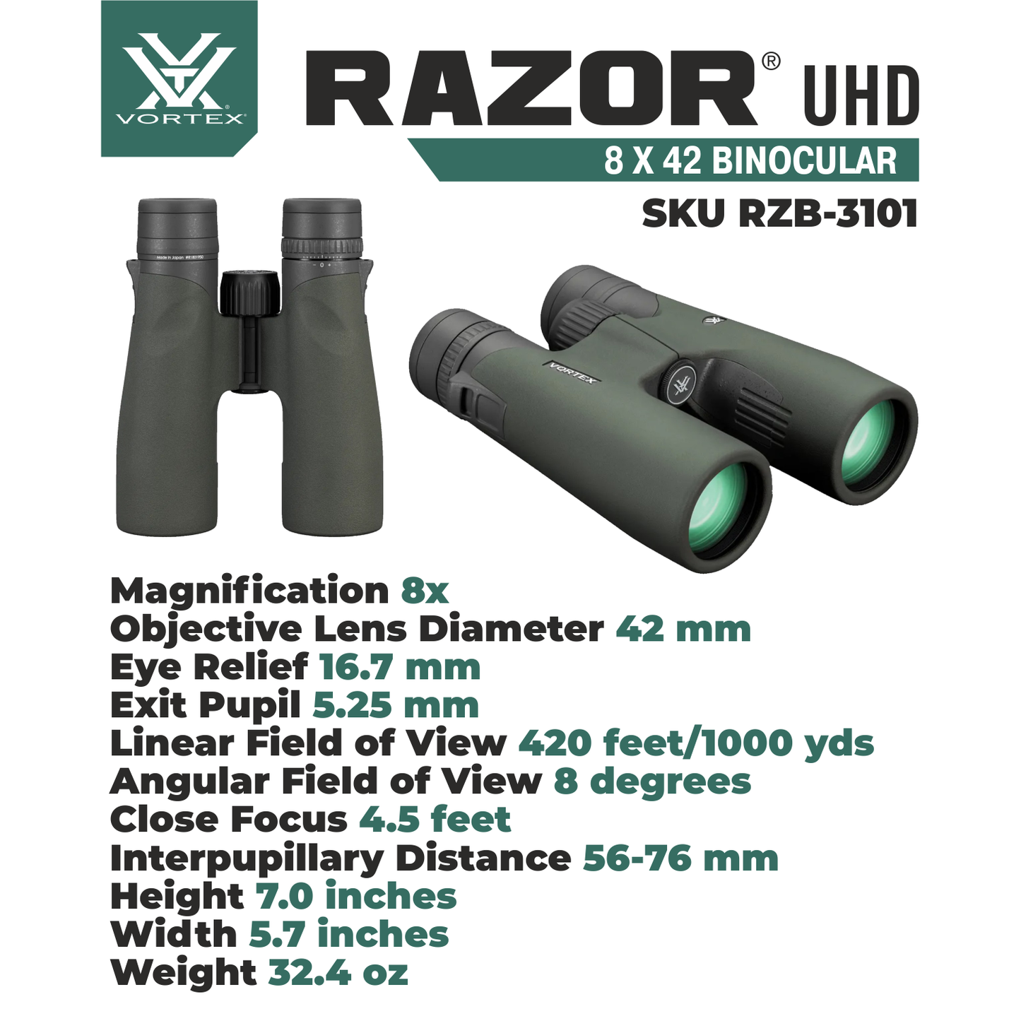 Vortex Optics Razor UHD Binocular 8x42 - RZB-3101