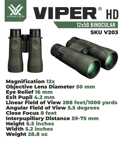 Vortex Optics Viper HD 12x50 Roof Prism Binocular V203 with Free Hat and Wearable4U Bundle - V203_Hat-CD_LCP