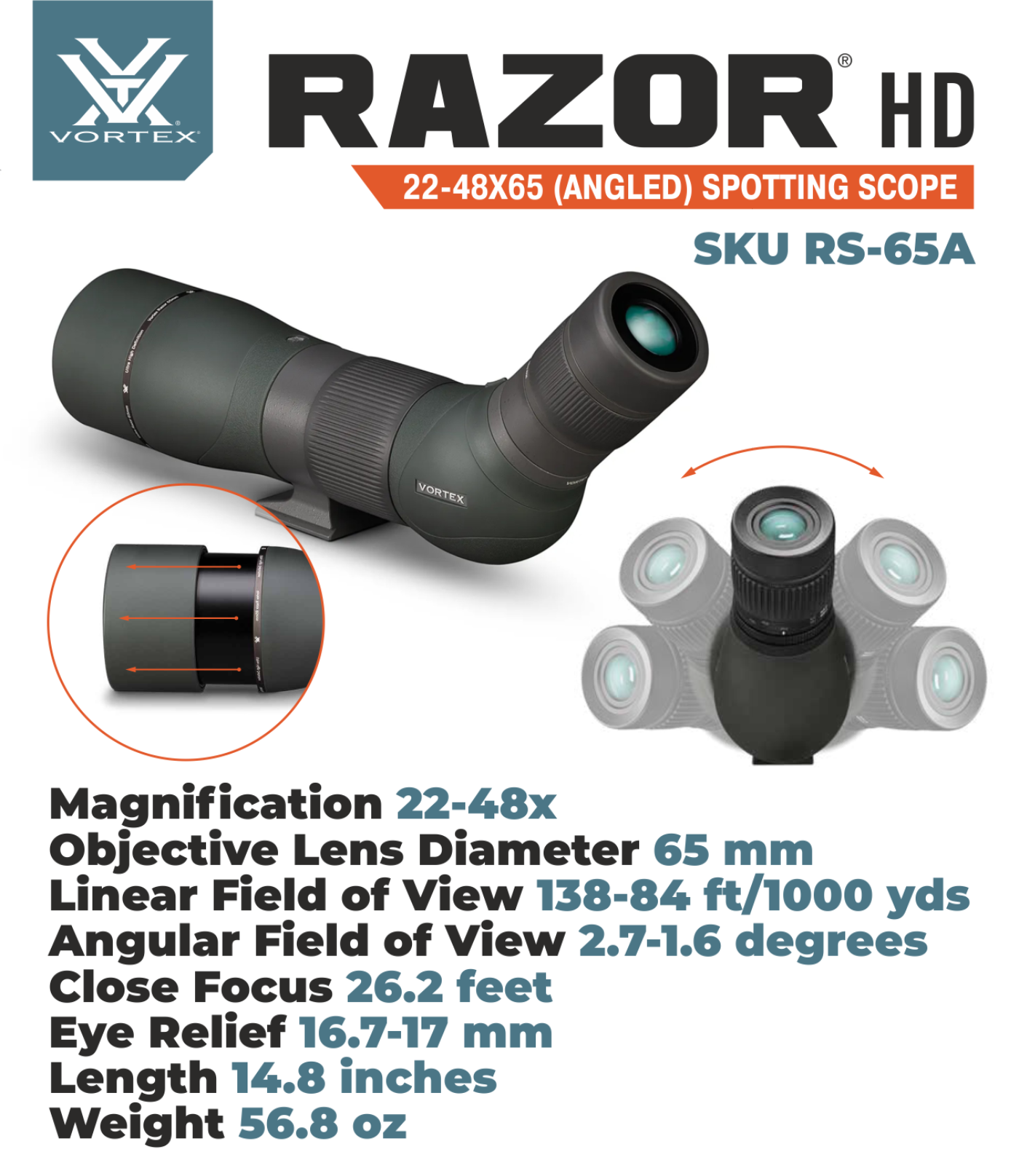Vortex Optics Razor HD 22-48x65 (Angled) Spotting Scope with Free Hat and Wearable4U Bundle - RS-65A_Hat-CD_LCP