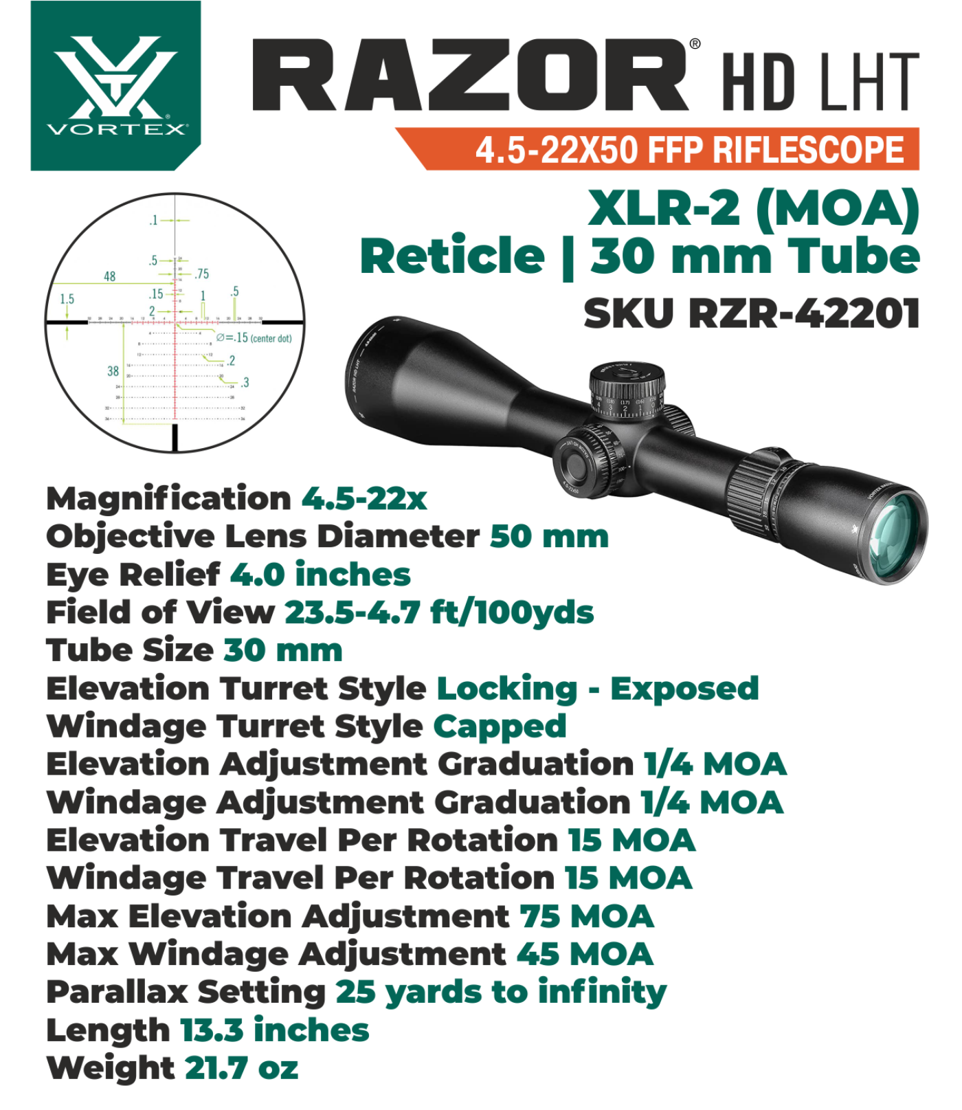 Vortex Optics Razor HD LHT 4.5-22x50 Riflescope XLR-2 MOA with Mount and Hat Bundle - RZR-42201_TRM-2pk_121-53-BCA