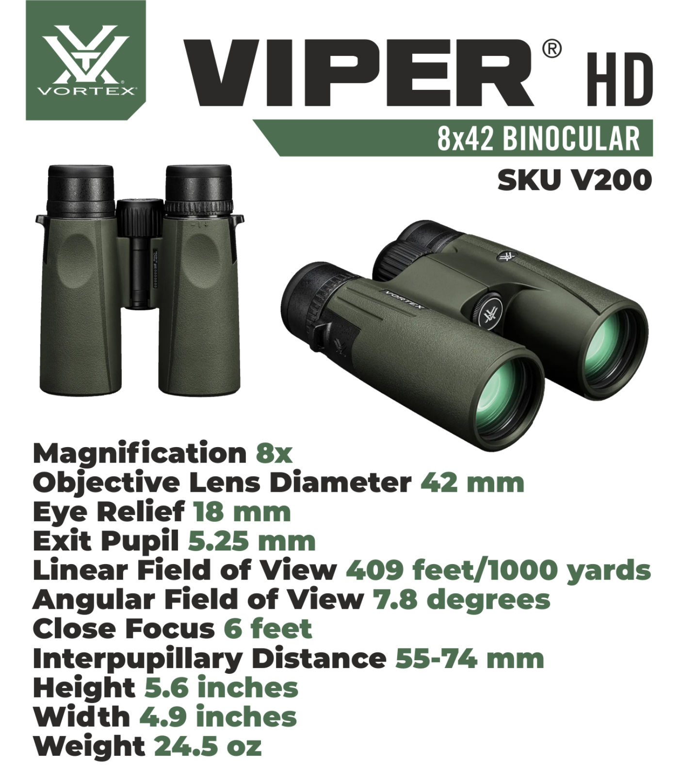 Vortex Optics Viper HD 8x42 Roof Prism Binocular V200 with Free Hat and Wearable4U Bundle  - V200_Hat-CD_LCP