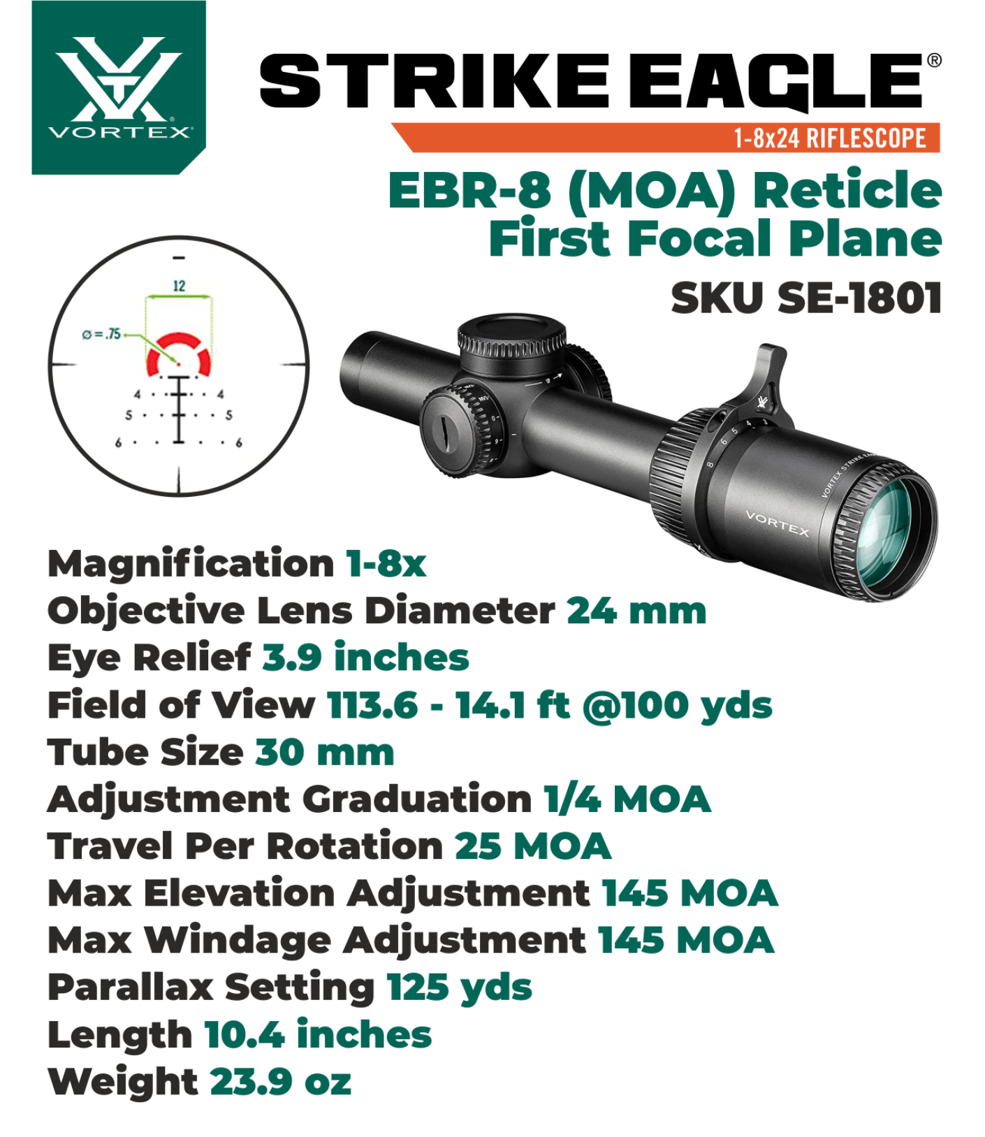 Vortex Optics Strike Eagle 1-8x24 EBR-8 MOA 30mm Riflescope - SE-1801