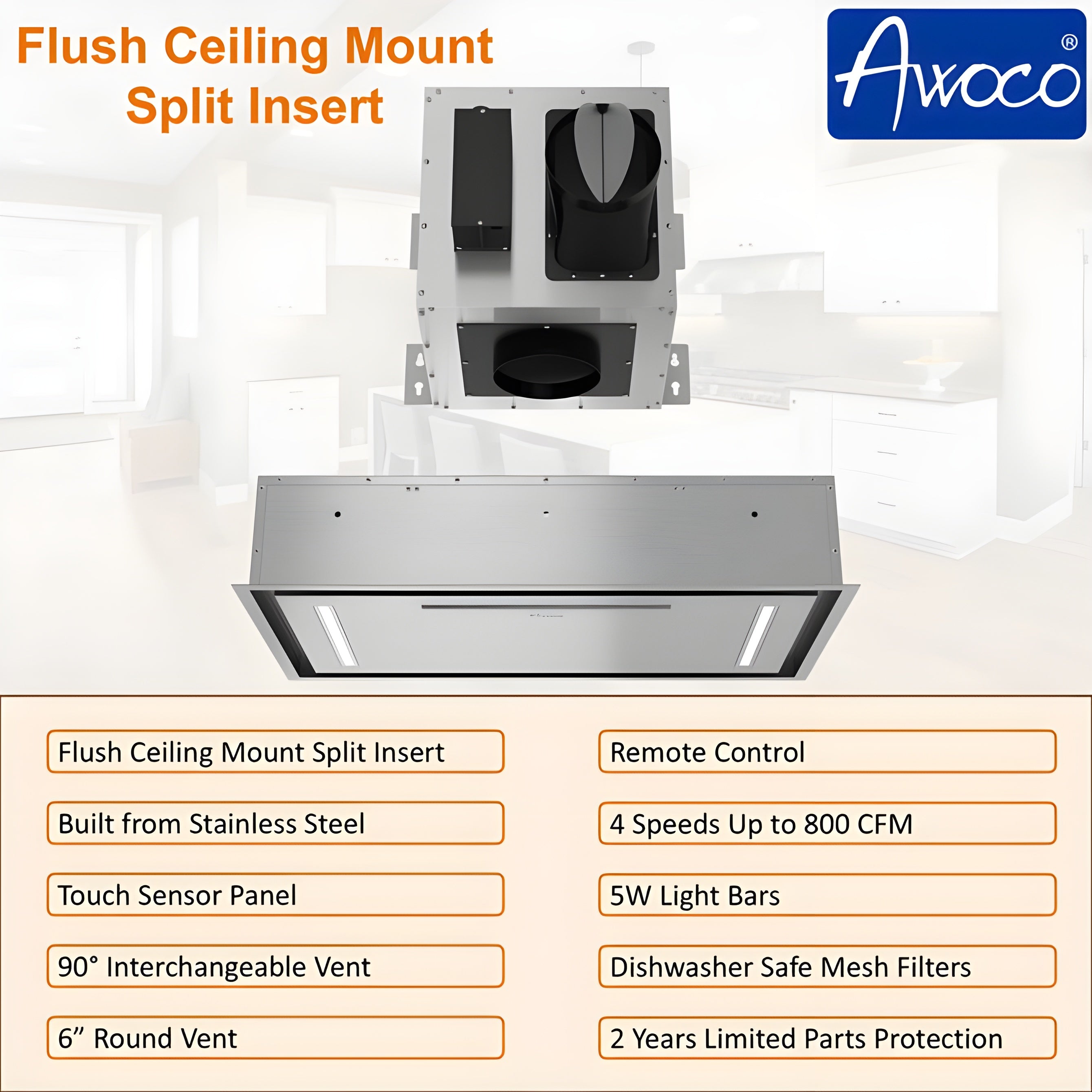 Awoco RH-IT06-CR Flush Ceiling Mount Split Insert Range Hood, Stainless Steel 4 Speeds 800 CFM, 6” Round Vent LED Lights Remote Control -  AWC-RH-IT06-CR36