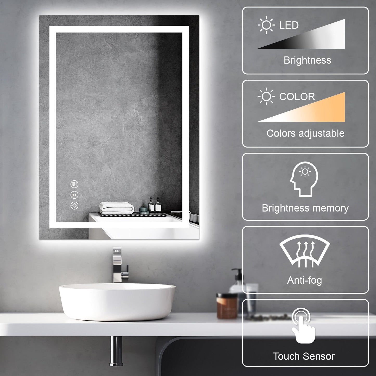 Awoco LED Bathroom Mirror with Light, Lighted Vanity Mirror with Backlit and Front Light, Dimmable Anti-Fog Memory Function Lighted Mirror with 3 Colors for Bathroom Wall - AWC-LM20S28