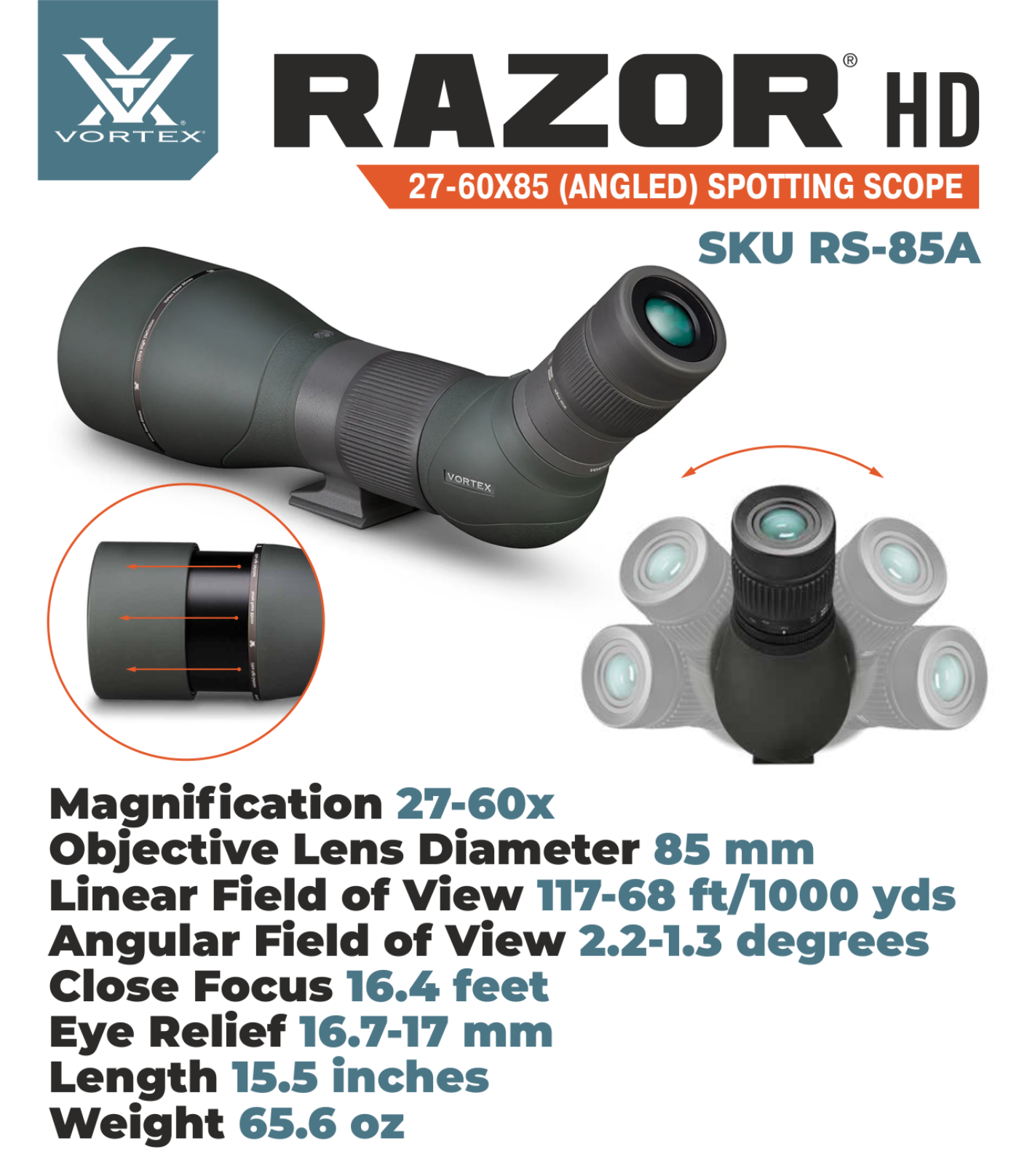 Vortex Optics Razor HD 27-60X85 (Angled) Spotting Scope RS-85A with Free Hat and Wearable4U Bundle - RS-85A_Hat-CD_LCP