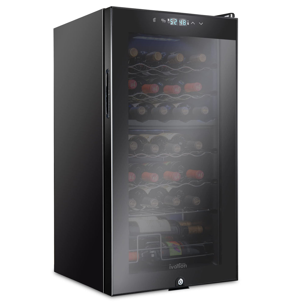 Ivation 28 Bottle Freestanding Wine Refrigerator, Dual Zone Wine Fridge with Lock, Black - IVFWCC281DLB