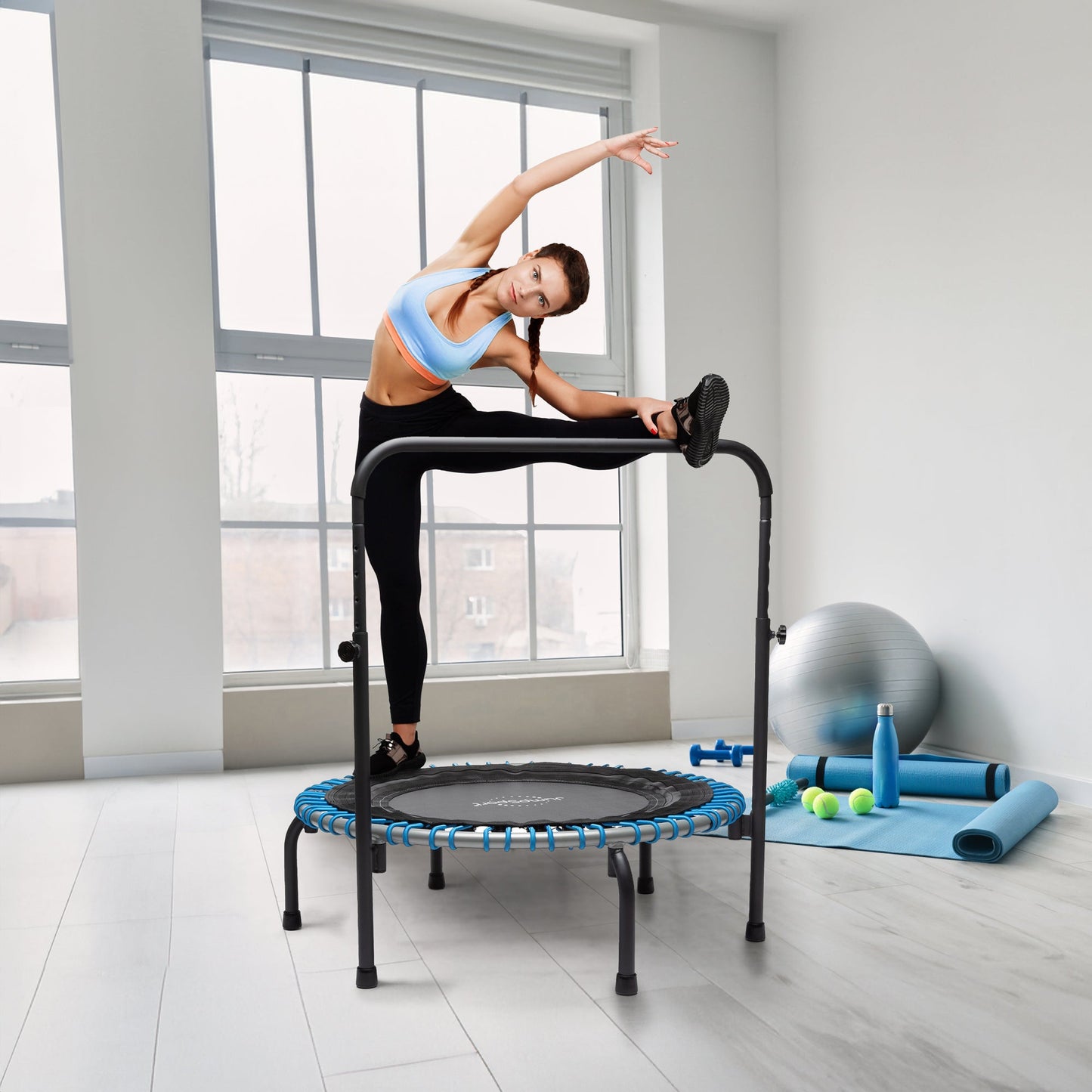 Disc-O-Bed JumpSport 350 Series 39" Trampoline & Handle Bar Bundle, 30 Adjustable Bungees, Stable No-Tip Arched Legs, & 60 Day Streaming Trial - 404403