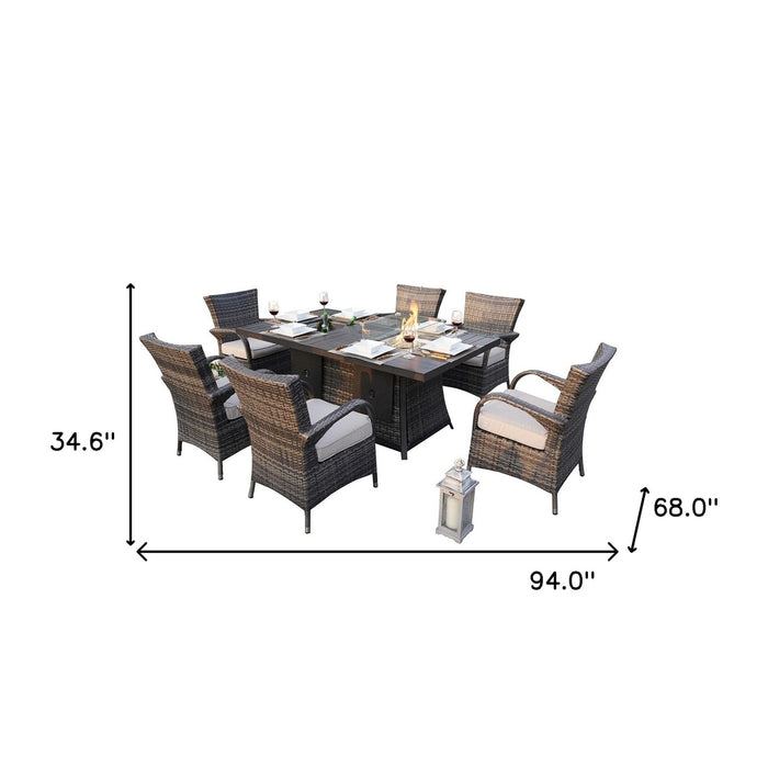 HomeRoots Outdoors - ELLE Gray 7-Piece Wicker Outdoor Dining Set With Gray Cushions Patio Fire Pits Table - 408287