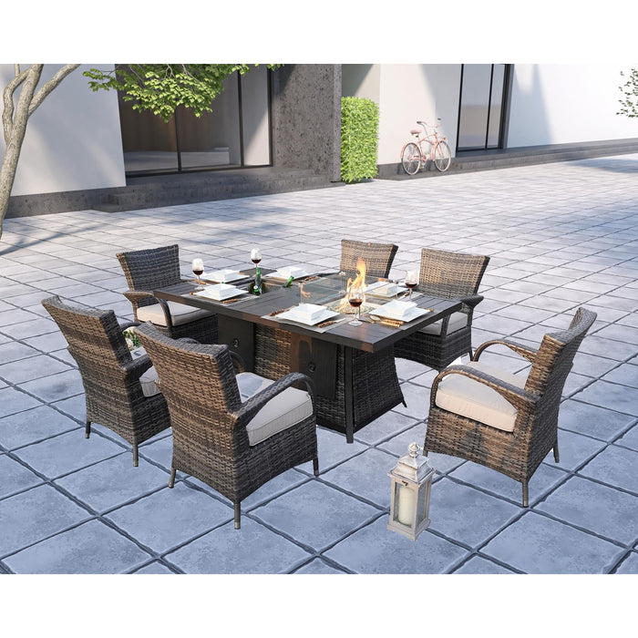 HomeRoots Outdoors - ELLE Gray 7-Piece Wicker Outdoor Dining Set With Gray Cushions Patio Fire Pits Table - 408287