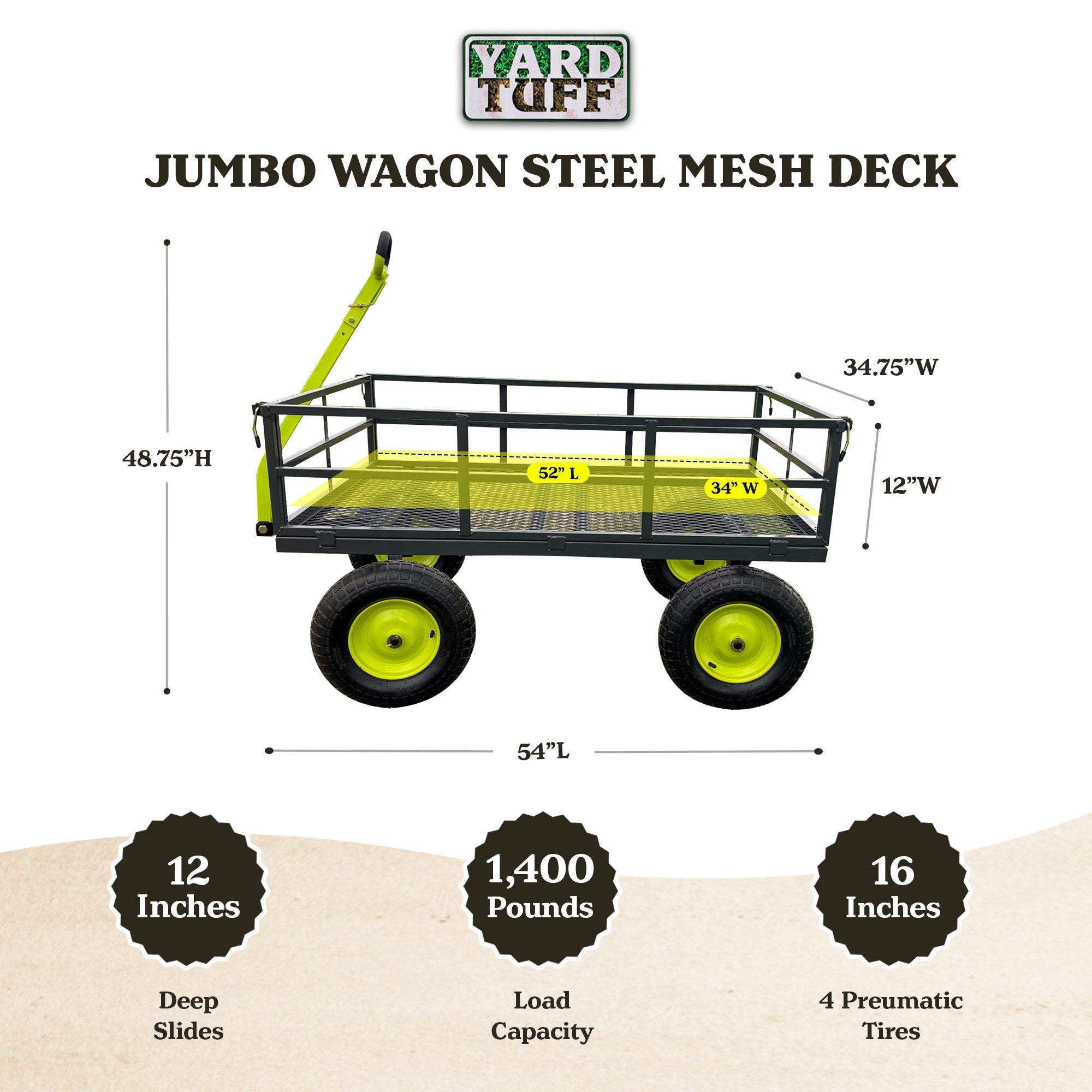 Yard Tuff Jumbo Wagon Steel Mesh Deck Utility Outdoor Yard Cart, 34 x 52 Inch - 409709