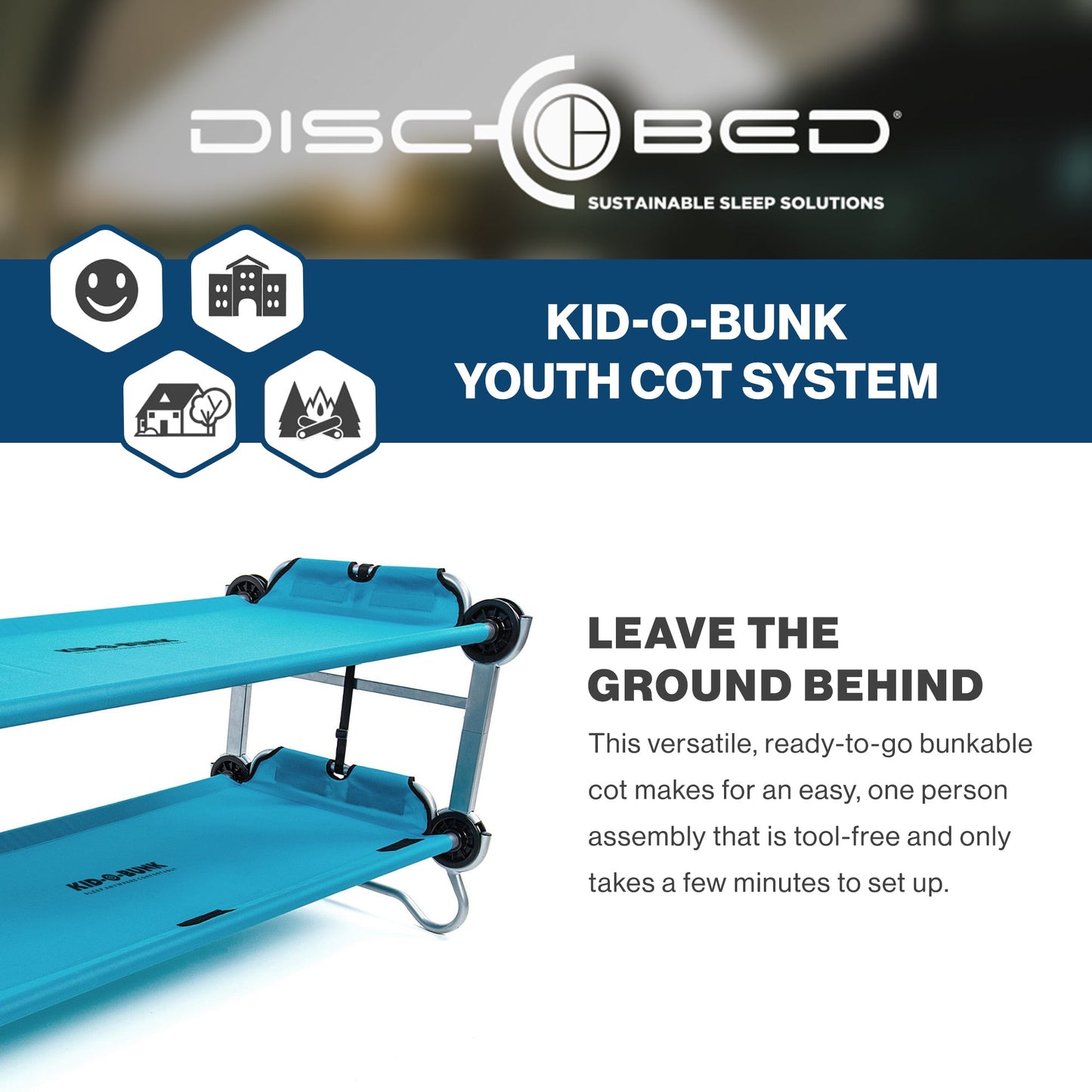 Disc-O-Bed Youth Double Cot Kid-O-Bunk w/ 200 Pound Capacity & Carry Bags, Teal - 413459