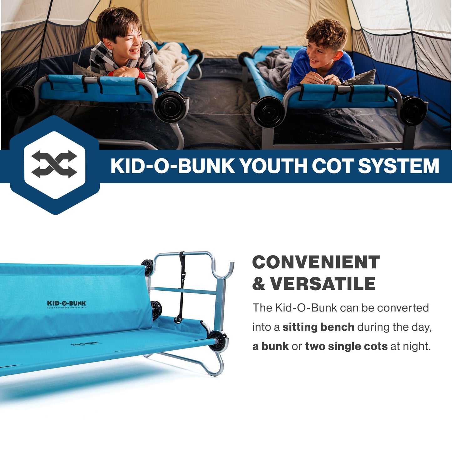 Disc-O-Bed Youth Double Cot Kid-O-Bunk w/ 200 Pound Capacity & Carry Bags, Teal - 413459