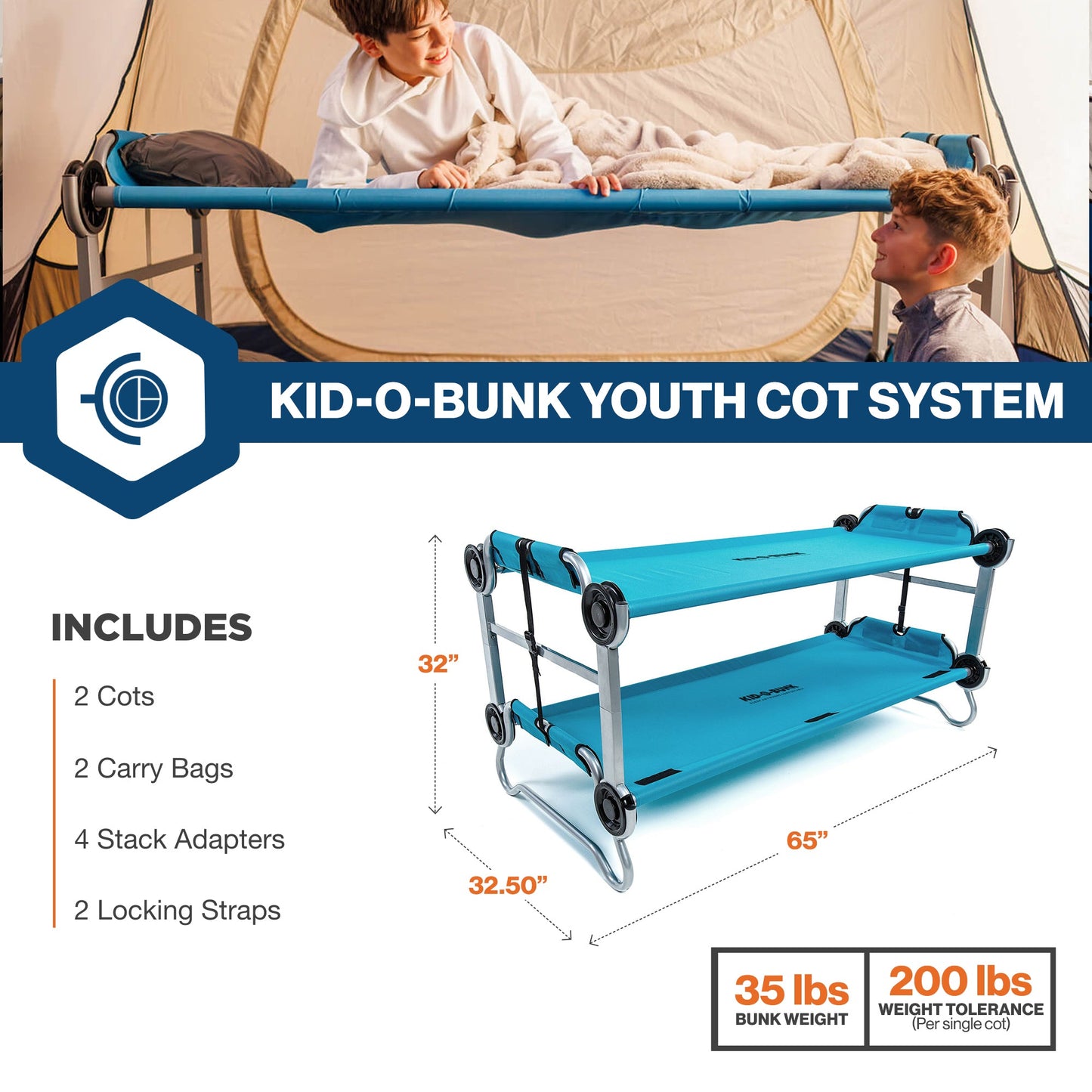 Disc-O-Bed Youth Double Cot Kid-O-Bunk w/ 200 Pound Capacity & Carry Bags, Teal - 413459