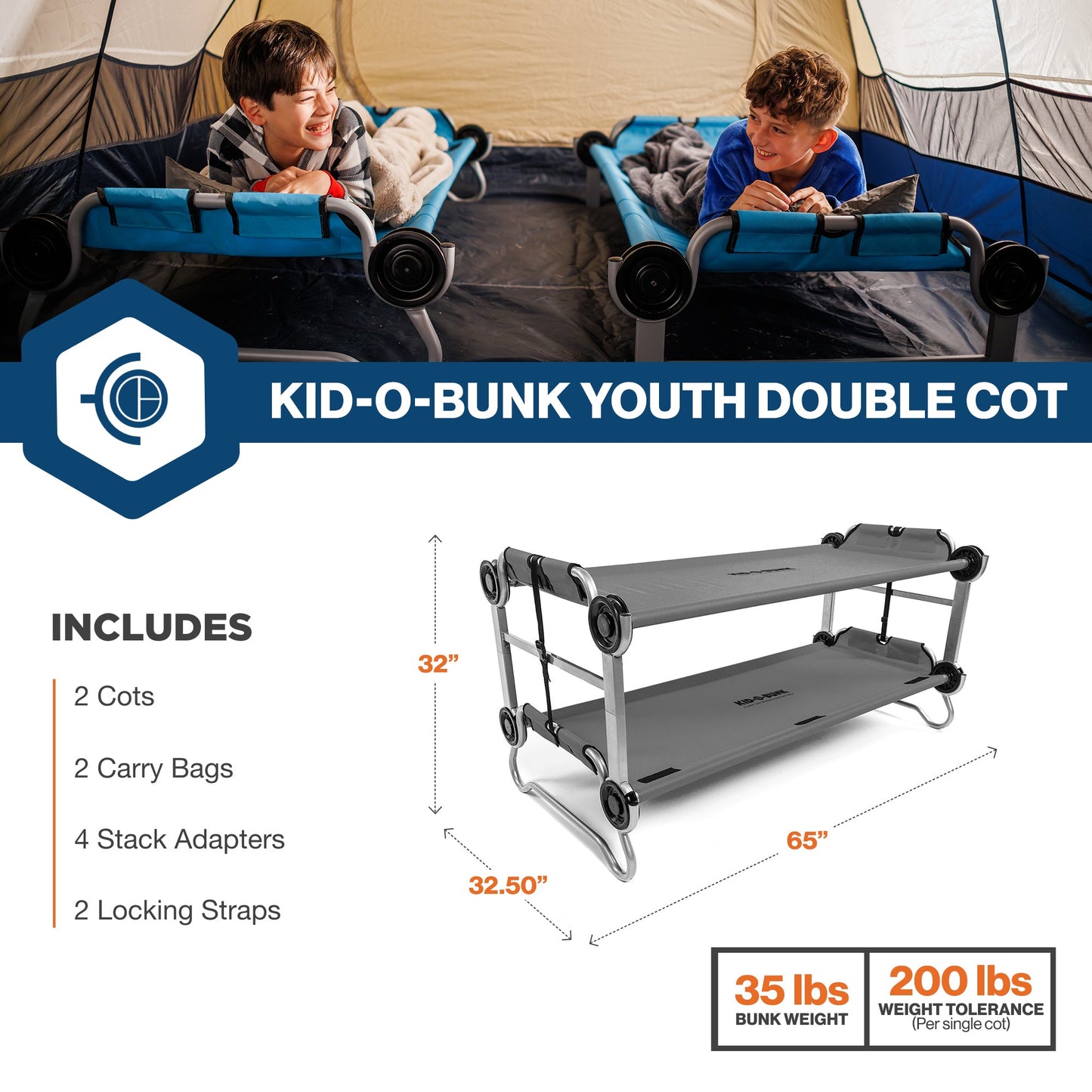 Disc-O-Bed Youth Double Cot Kid-O-Bunk, Storage Organizers & Carry Bag, Grey - 413460