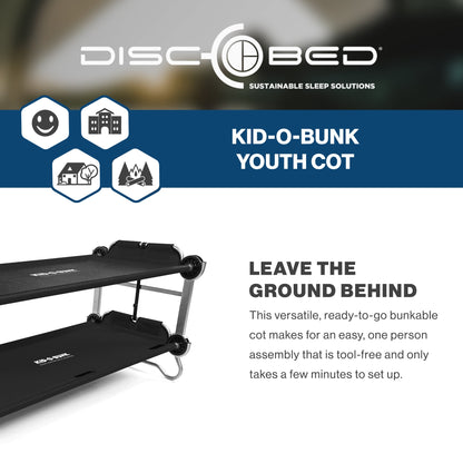 Disc-O-Bed Youth Double Cot Kid-O-Bunk w/ 200 Pound Capacity & Carry Bags, Black - 413461