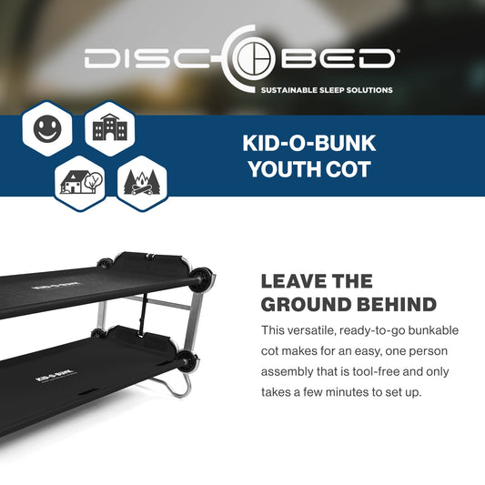 Disc-O-Bed Youth Double Cot Kid-O-Bunk w/ 200 Pound Capacity & Carry Bags, Black - 413461
