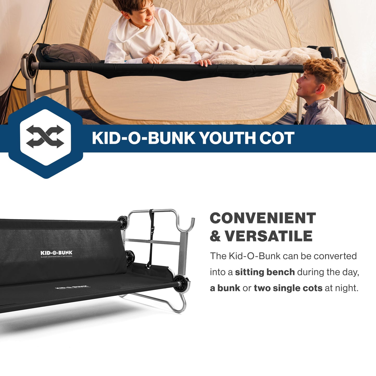 Disc-O-Bed Youth Double Cot Kid-O-Bunk w/ 200 Pound Capacity & Carry Bags, Black - 413461