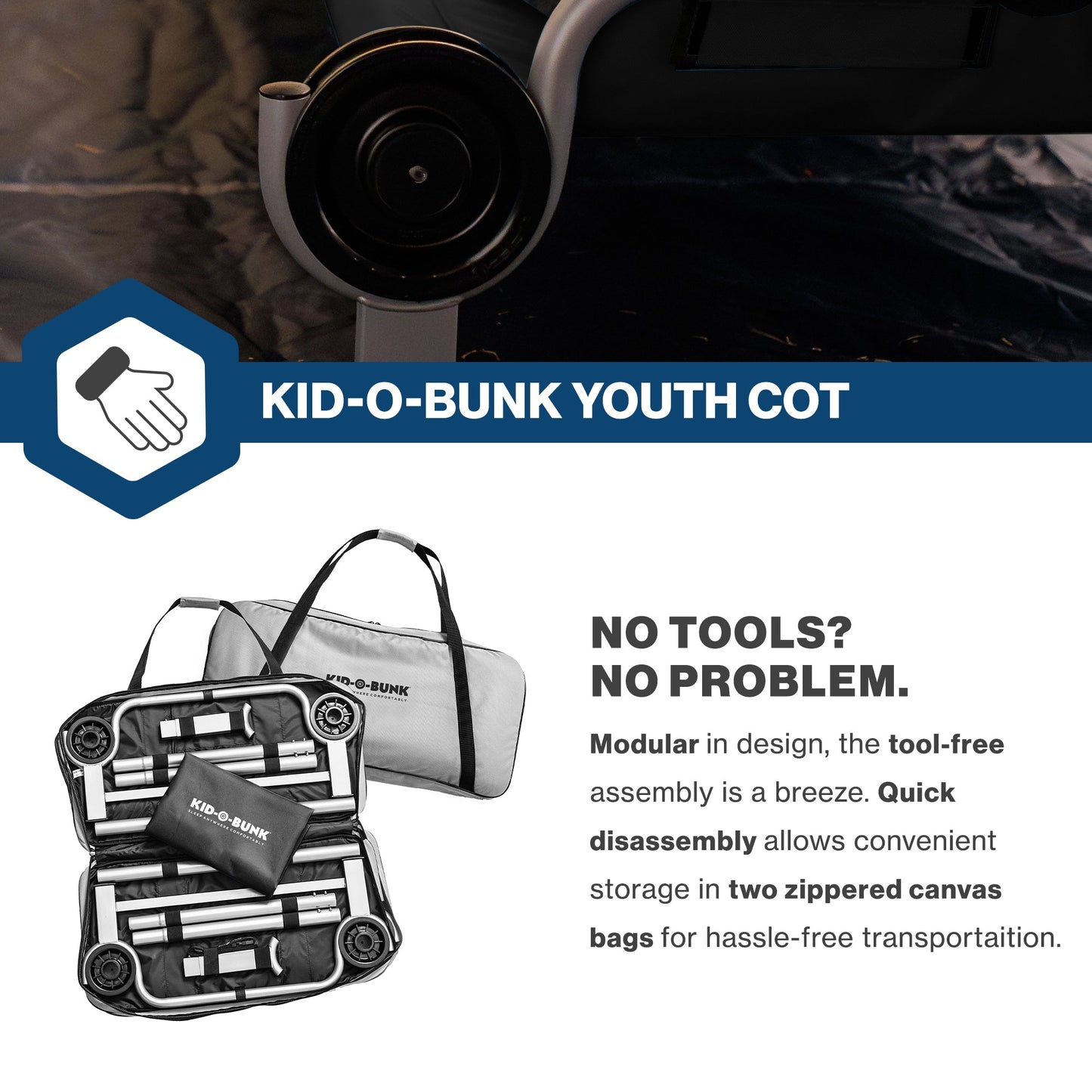 Disc-O-Bed Youth Double Cot Kid-O-Bunk w/ 200 Pound Capacity & Carry Bags, Black - 413461