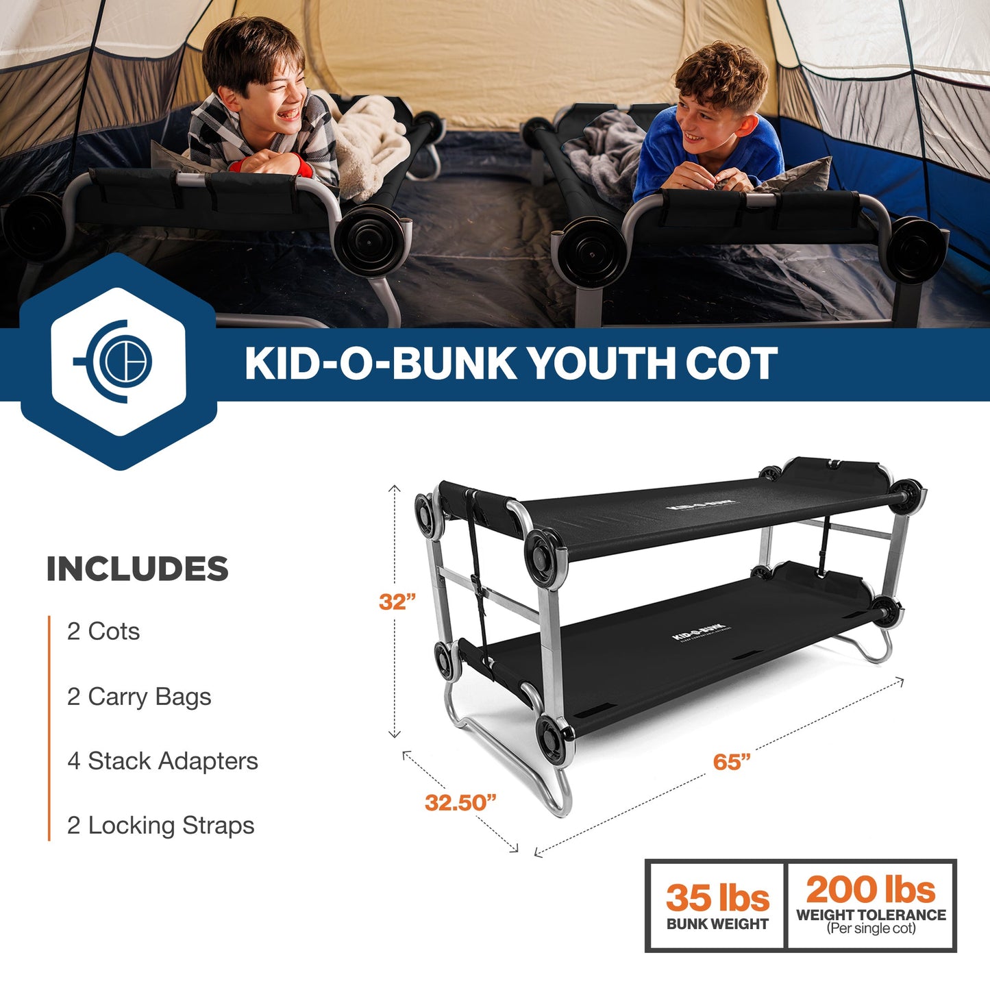 Disc-O-Bed Youth Double Cot Kid-O-Bunk w/ 200 Pound Capacity & Carry Bags, Black - 413461