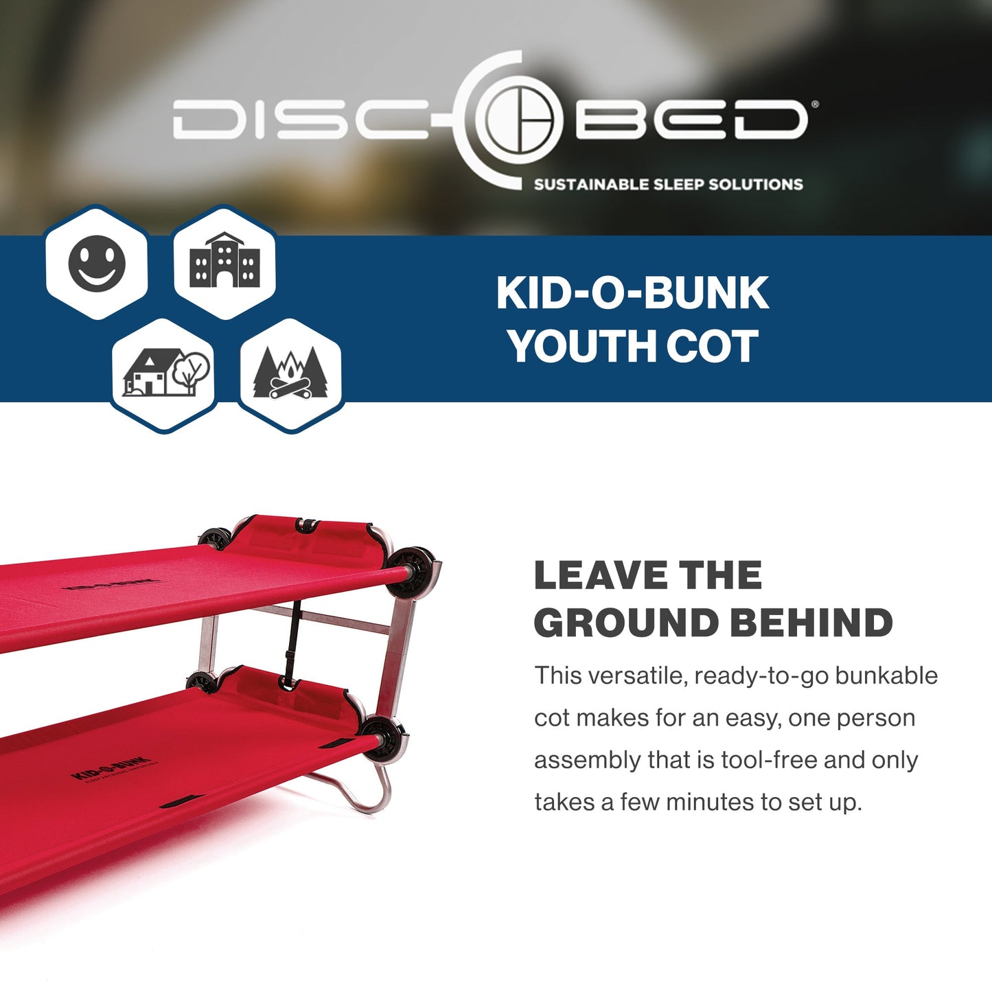 Disc-O-Bed Youth Double Cot Kid-O-Bunk w/ 200 Pound Capacity & Carry Bags, Red - 413462